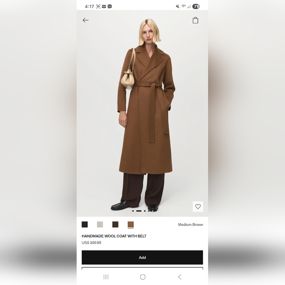Brand New Never Worn Mango Medium Brown Wool-Blend Coat with Belt Size M